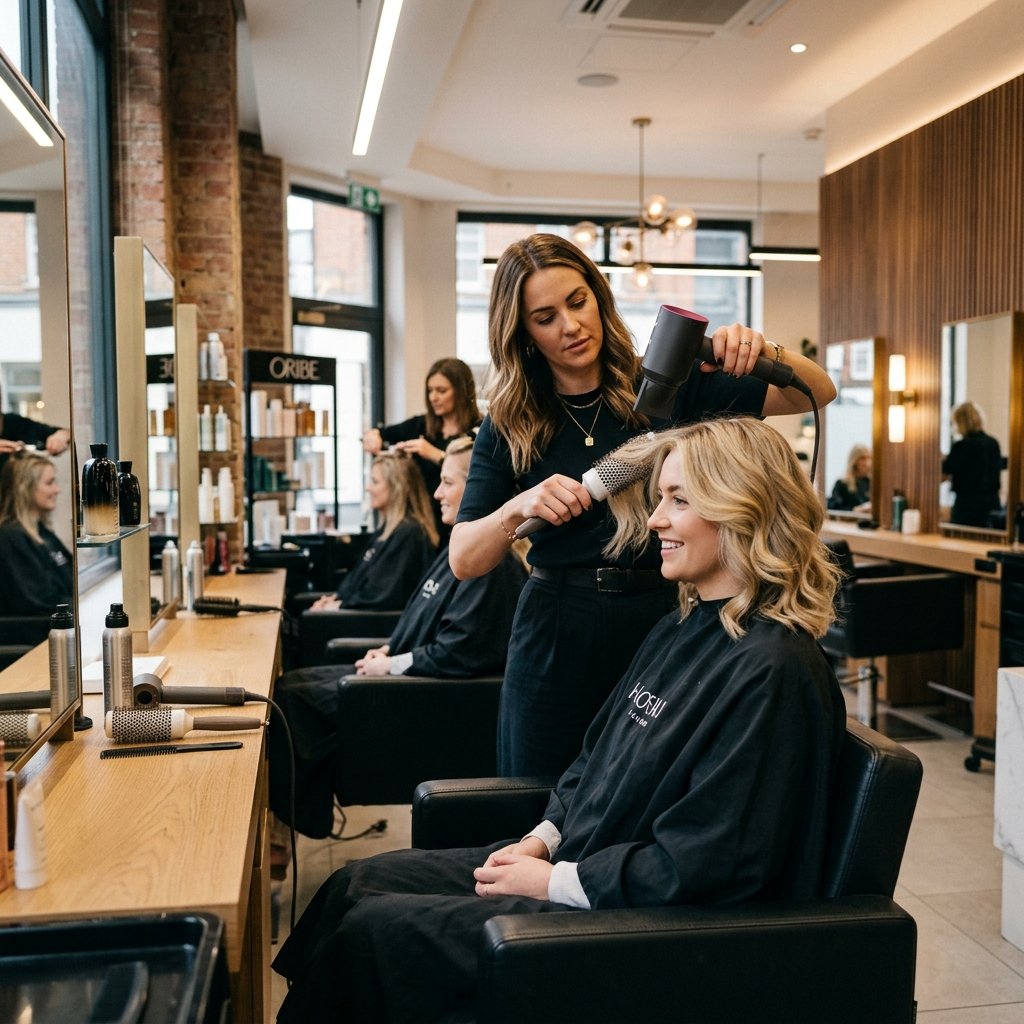 Hair styling and blow-dry session in progress